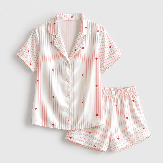 PJ-429-Romantic Red Heart And Thin Stripe Print White Silky Satin Pajama Sleepwear Lounge Set