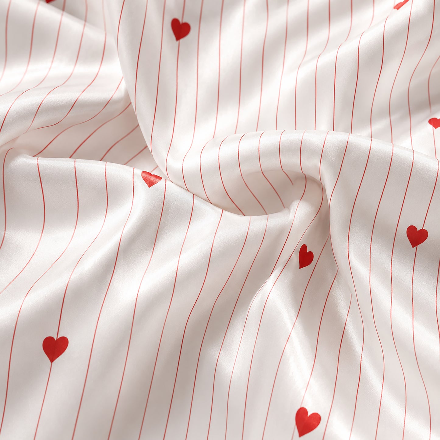 PJ-429-Romantic Red Heart And Thin Stripe Print White Silky Satin Pajama Sleepwear Lounge Set