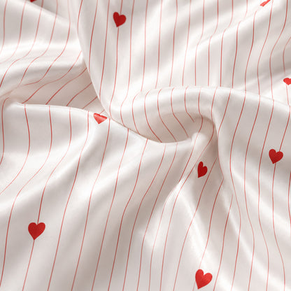 PJ-429-Romantic Red Heart And Thin Stripe Print White Silky Satin Pajama Sleepwear Lounge Set