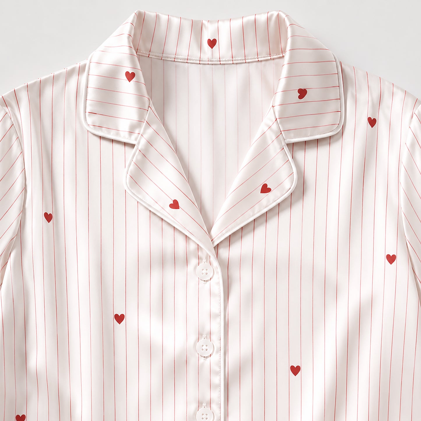 PJ-429-Romantic Red Heart And Thin Stripe Print White Silky Satin Pajama Sleepwear Lounge Set