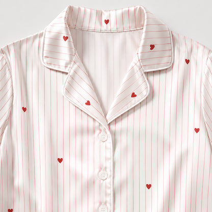 PJ-429-Romantic Red Heart And Thin Stripe Print White Silky Satin Pajama Sleepwear Lounge Set