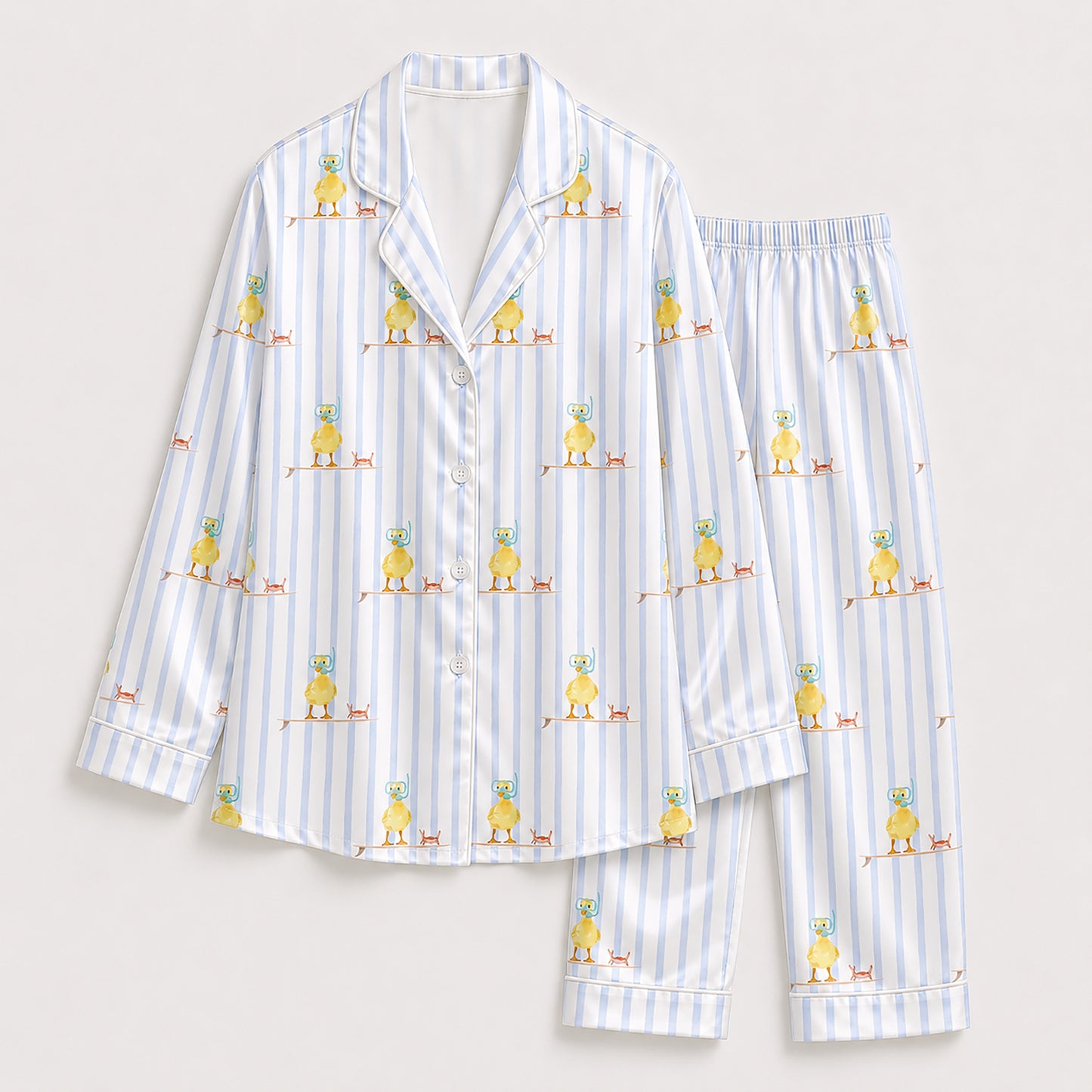 PJ-430-Whimsical Snorkeling Duck Surfboard Motif Striped Silky Satin Button Down Lounge And Sleepwear Set