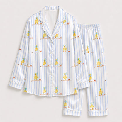 PJ-430-Whimsical Snorkeling Duck Surfboard Motif Striped Silky Satin Button Down Lounge And Sleepwear Set