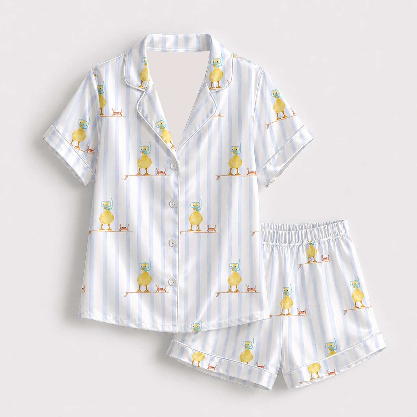 PJ-430-Whimsical Snorkeling Duck Surfboard Motif Striped Silky Satin Button Down Lounge And Sleepwear Set