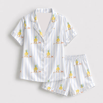 PJ-430-Whimsical Snorkeling Duck Surfboard Motif Striped Silky Satin Button Down Lounge And Sleepwear Set