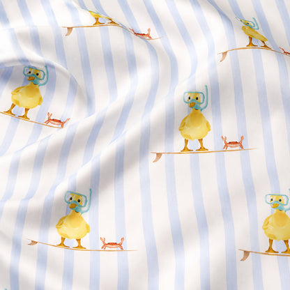 PJ-430-Whimsical Snorkeling Duck Surfboard Motif Striped Silky Satin Button Down Lounge And Sleepwear Set