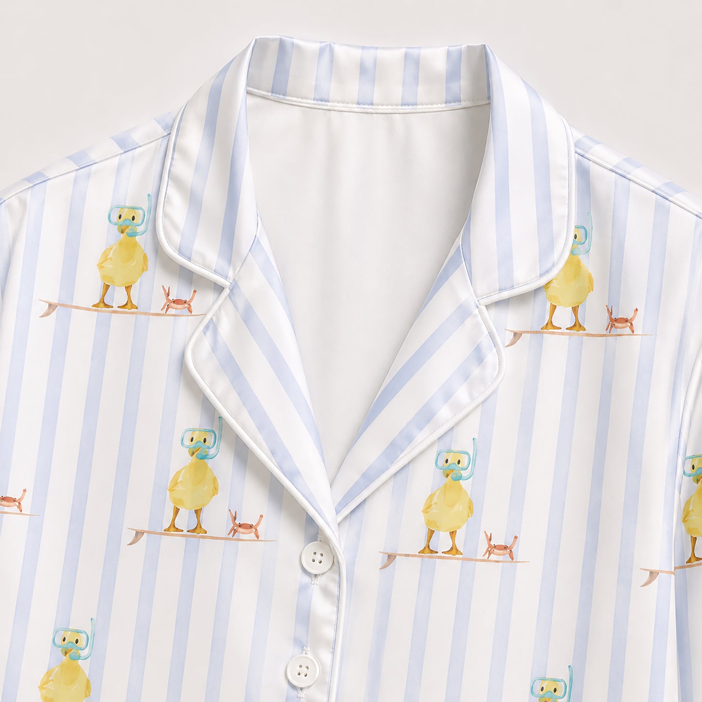 PJ-430-Whimsical Snorkeling Duck Surfboard Motif Striped Silky Satin Button Down Lounge And Sleepwear Set