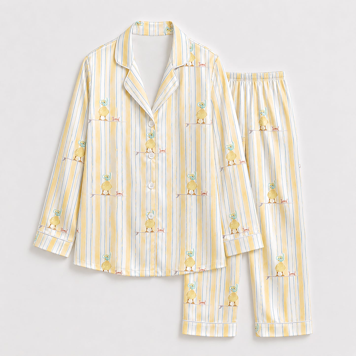 PJ-430-Whimsical Snorkeling Duck Surfboard Motif Striped Silky Satin Button Down Lounge And Sleepwear Set