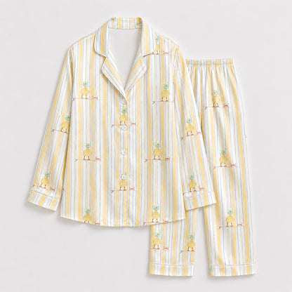 PJ-430-Whimsical Snorkeling Duck Surfboard Motif Striped Silky Satin Button Down Lounge And Sleepwear Set
