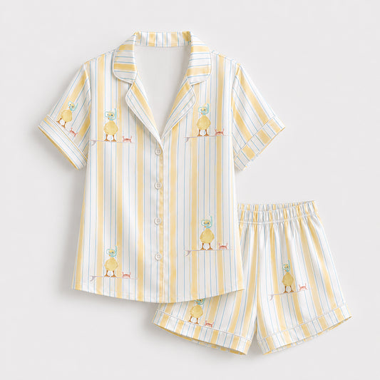 PJ-430-Whimsical Snorkeling Duck Surfboard Motif Striped Silky Satin Button Down Lounge And Sleepwear Set