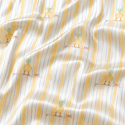 PJ-430-Whimsical Snorkeling Duck Surfboard Motif Striped Silky Satin Button Down Lounge And Sleepwear Set