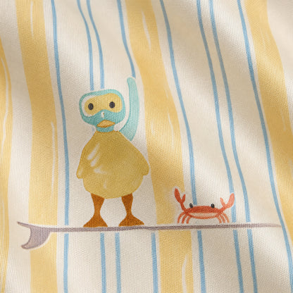 PJ-430-Whimsical Snorkeling Duck Surfboard Motif Striped Silky Satin Button Down Lounge And Sleepwear Set