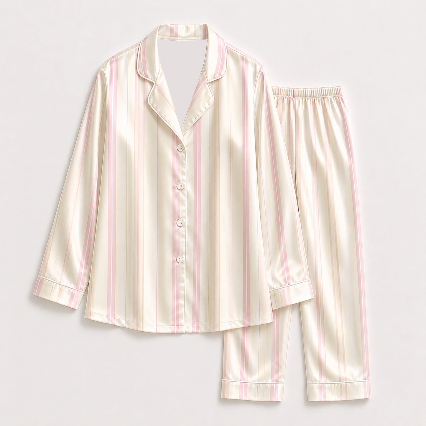 PJ-431-Classic Pink And Champagne Vertical Stripe Cream Satin Button Front Lounge Pajama Sleepwear Set