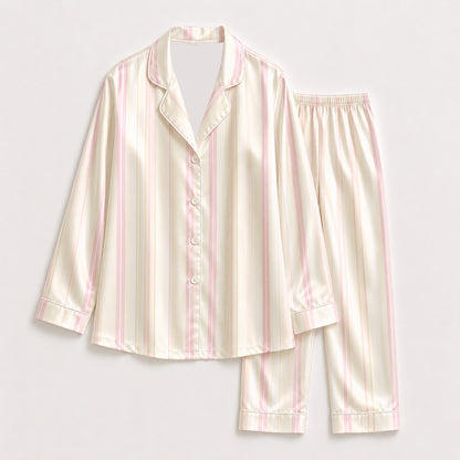 PJ-431-Classic Pink And Champagne Vertical Stripe Cream Satin Button Front Lounge Pajama Sleepwear Set