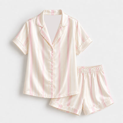 PJ-431-Classic Pink And Champagne Vertical Stripe Cream Satin Button Front Lounge Pajama Sleepwear Set