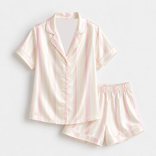 PJ-431-Classic Pink And Champagne Vertical Stripe Cream Satin Button Front Lounge Pajama Sleepwear Set