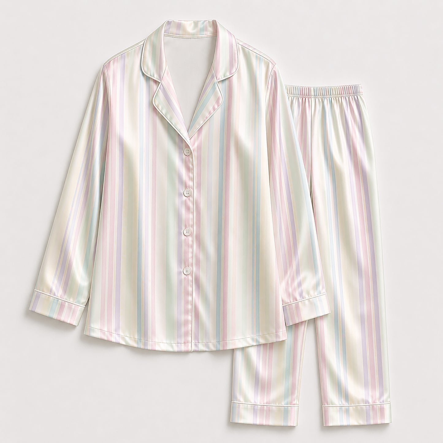 PJ-432-Soft Pastel Rainbow Striped Silky Satin Relaxed Resort Hawaiian Shirt And Matching Lounge Set
