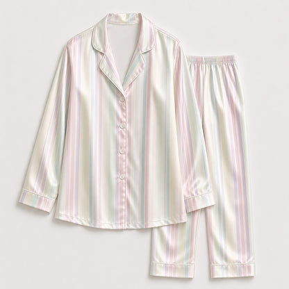 PJ-432-Soft Pastel Rainbow Striped Silky Satin Relaxed Resort Hawaiian Shirt And Matching Lounge Set