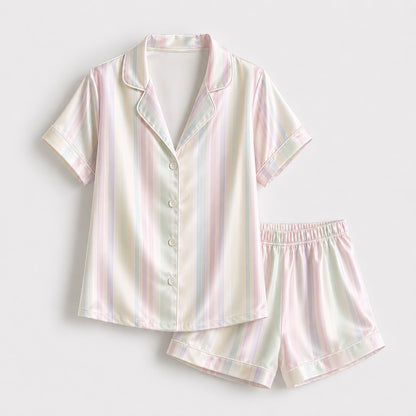 PJ-432-Soft Pastel Rainbow Striped Silky Satin Relaxed Resort Hawaiian Shirt And Matching Lounge Set