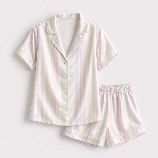 PJ-432-Soft Pastel Rainbow Striped Silky Satin Relaxed Resort Hawaiian Shirt And Matching Lounge Set
