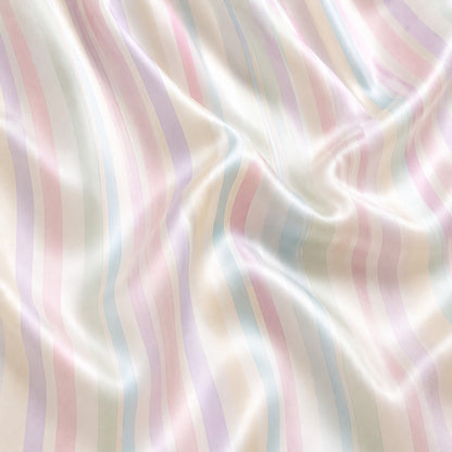 PJ-432-Soft Pastel Rainbow Striped Silky Satin Relaxed Resort Hawaiian Shirt And Matching Lounge Set
