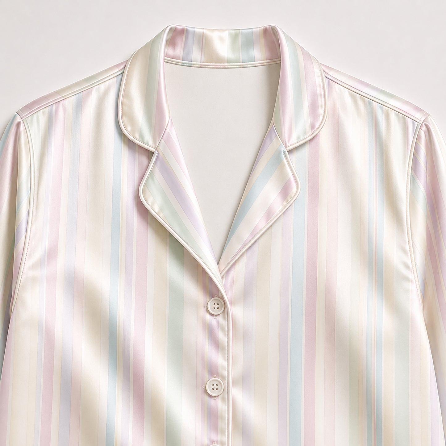 PJ-432-Soft Pastel Rainbow Striped Silky Satin Relaxed Resort Hawaiian Shirt And Matching Lounge Set