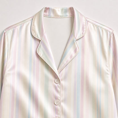 PJ-432-Soft Pastel Rainbow Striped Silky Satin Relaxed Resort Hawaiian Shirt And Matching Lounge Set