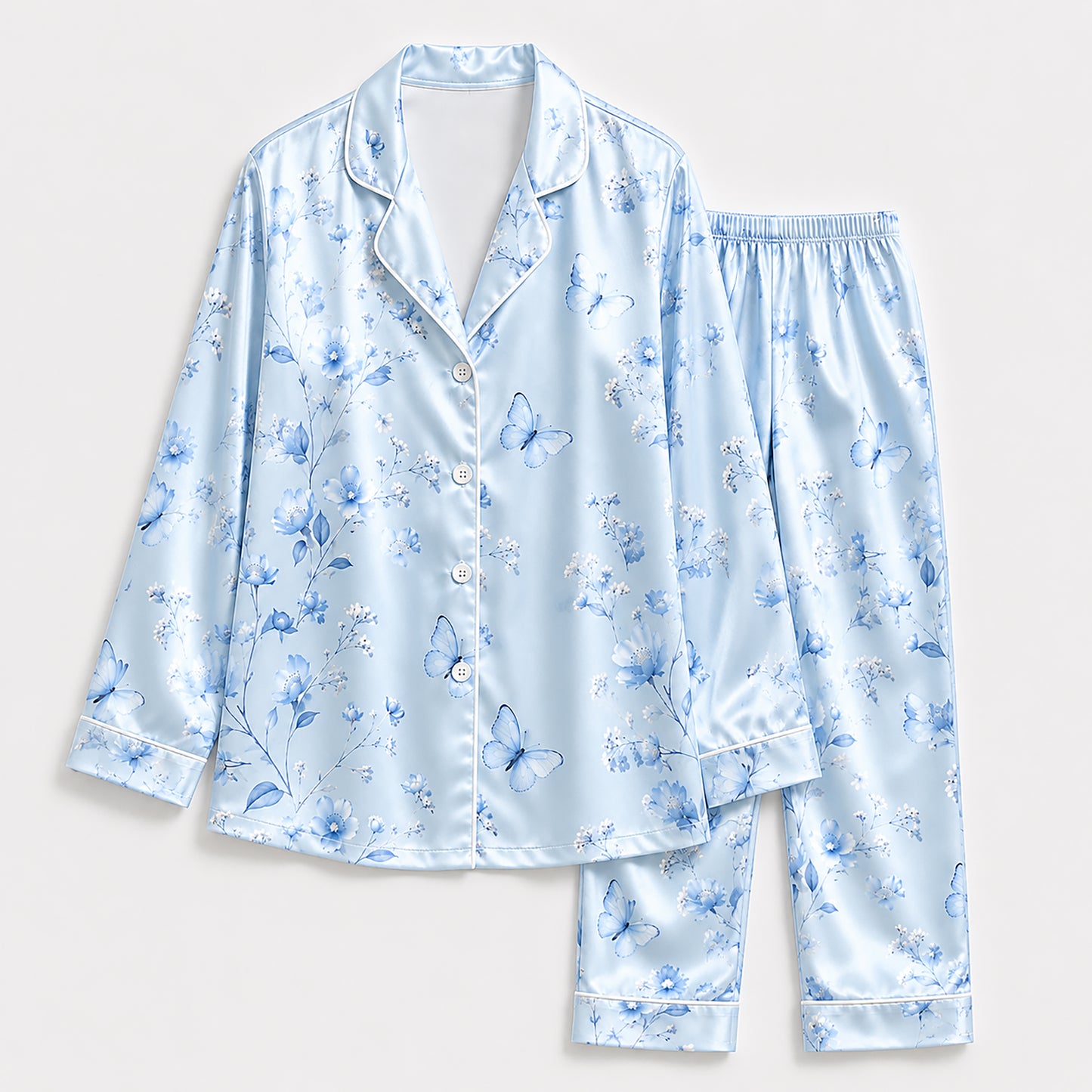 PJ-433-Serene Blue Butterfly And Floral Print Silky Resort Hawaiian Shirt With Matching Lounge Set
