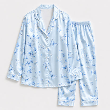PJ-433-Serene Blue Butterfly And Floral Print Silky Resort Hawaiian Shirt With Matching Lounge Set