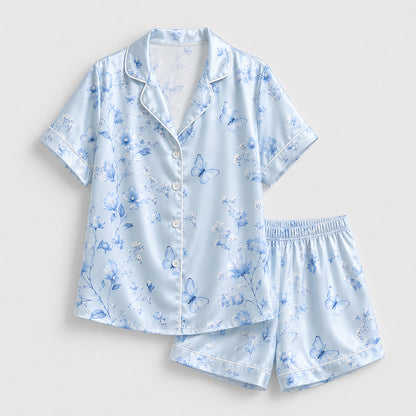 PJ-433-Serene Blue Butterfly And Floral Print Silky Resort Hawaiian Shirt With Matching Lounge Set