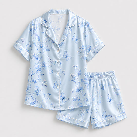 PJ-433-Serene Blue Butterfly And Floral Print Silky Resort Hawaiian Shirt With Matching Lounge Set