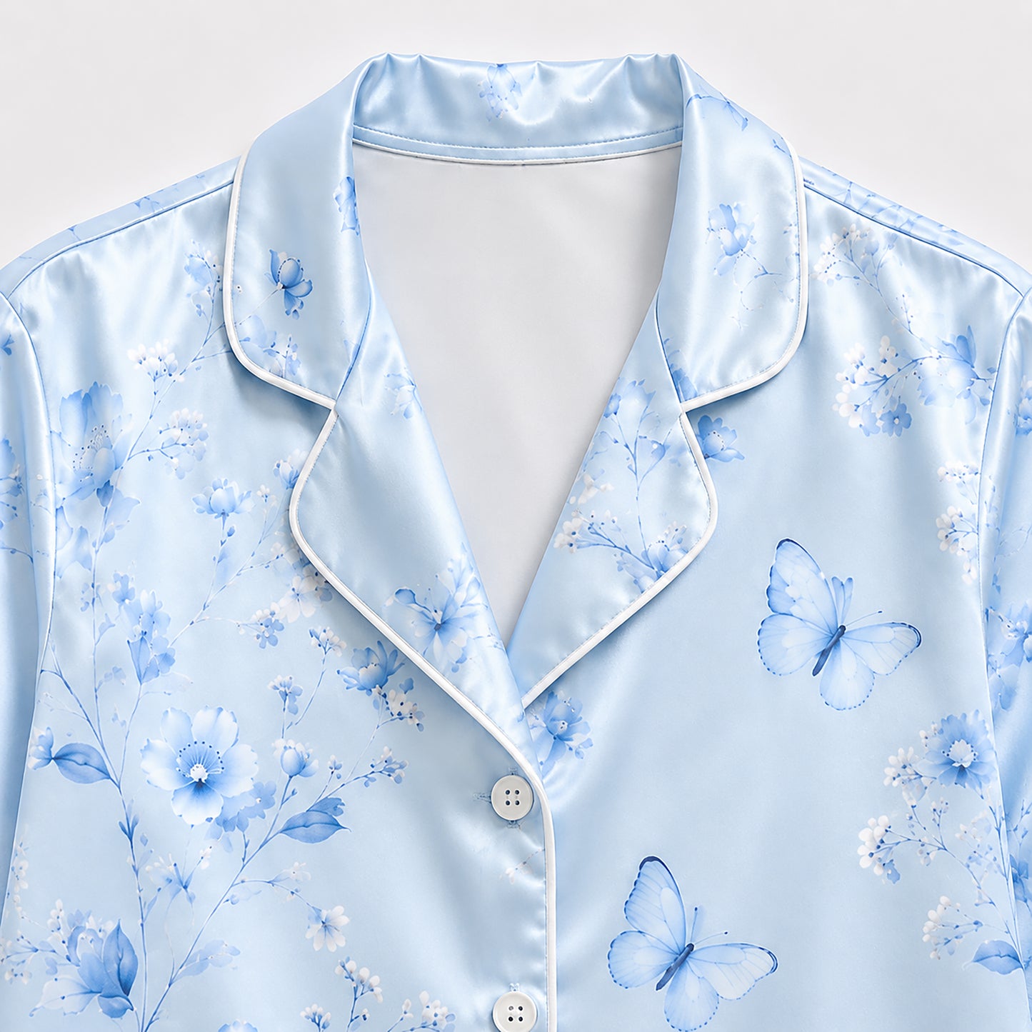 PJ-433-Serene Blue Butterfly And Floral Print Silky Resort Hawaiian Shirt With Matching Lounge Set