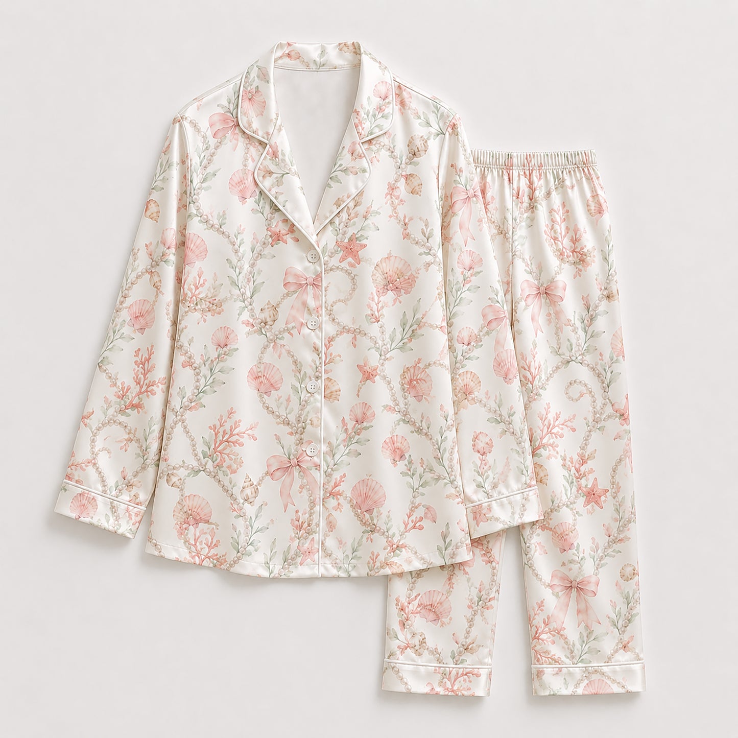 PJ-434-Seashell Coral And Bow Motif Cream Satin Hawaiian Shirt Resort Wear Two Piece Set