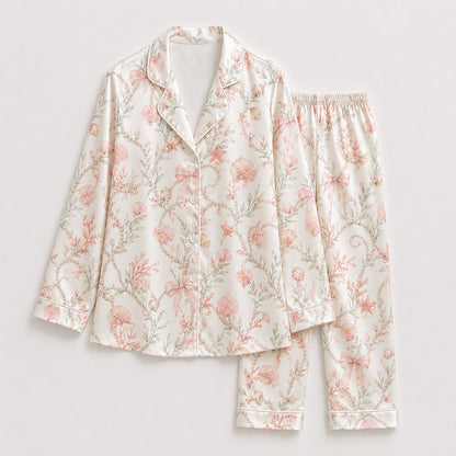 PJ-434-Seashell Coral And Bow Motif Cream Satin Hawaiian Shirt Resort Wear Two Piece Set
