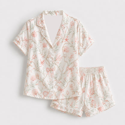 PJ-434-Seashell Coral And Bow Motif Cream Satin Hawaiian Shirt Resort Wear Two Piece Set