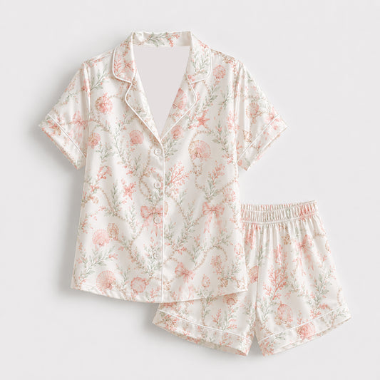 PJ-434-Seashell Coral And Bow Motif Cream Satin Hawaiian Shirt Resort Wear Two Piece Set