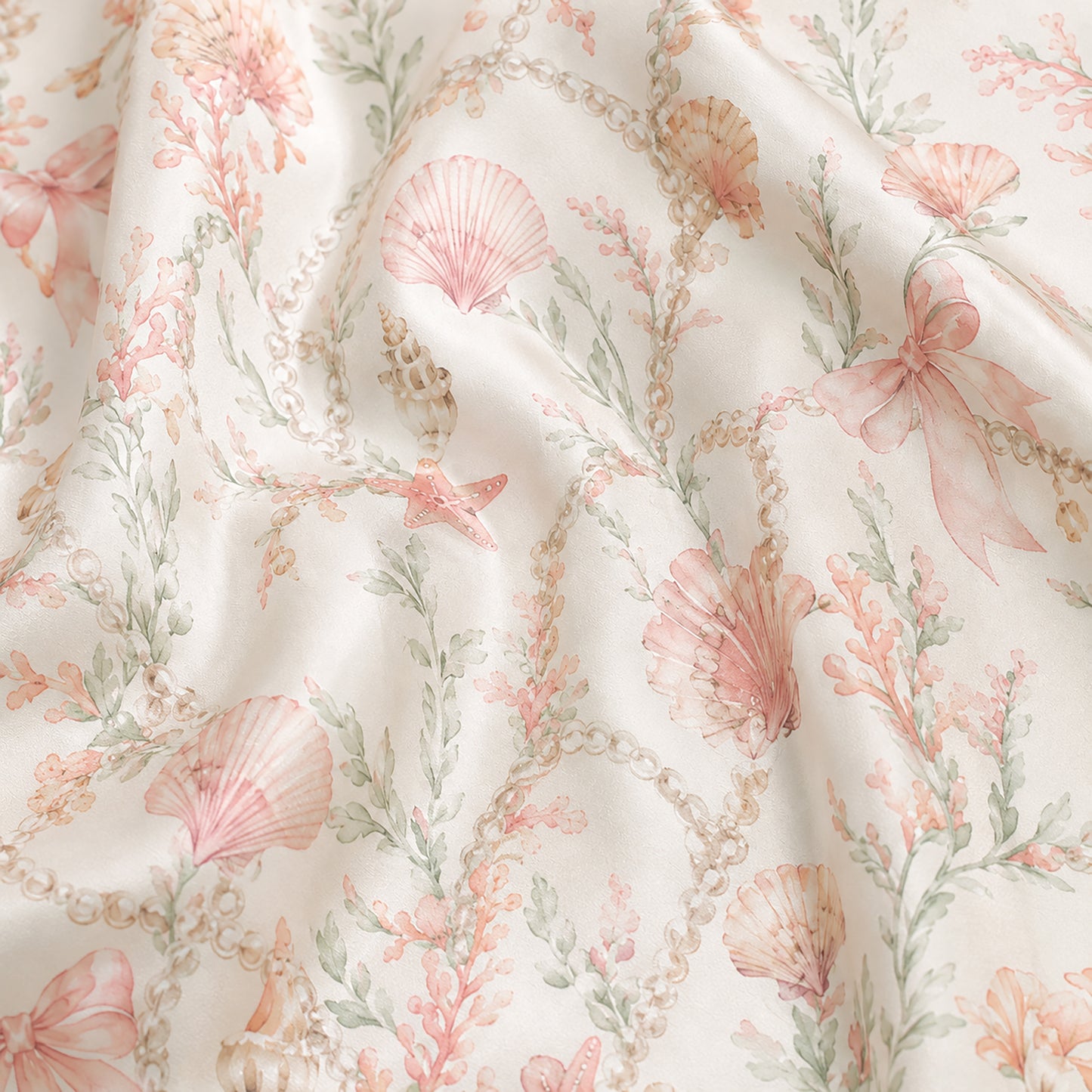 PJ-434-Seashell Coral And Bow Motif Cream Satin Hawaiian Shirt Resort Wear Two Piece Set