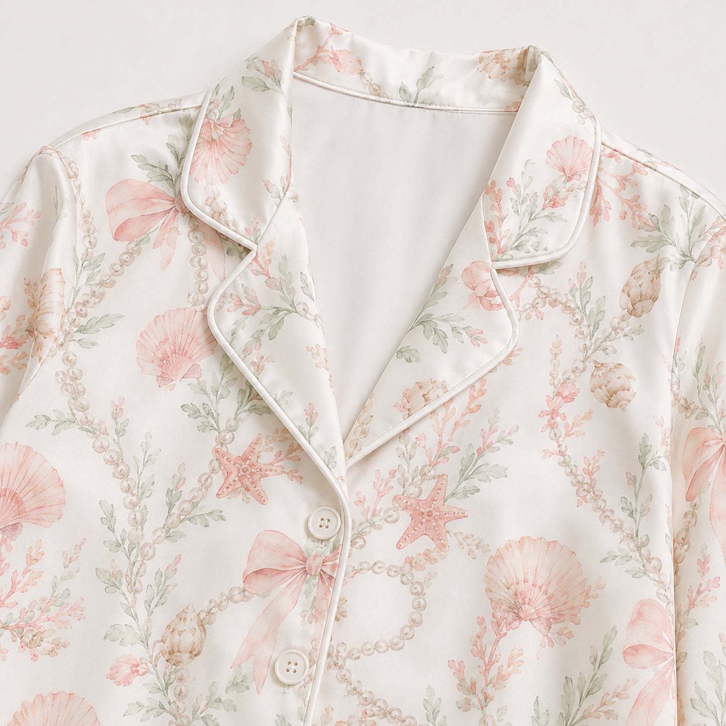 PJ-434-Seashell Coral And Bow Motif Cream Satin Hawaiian Shirt Resort Wear Two Piece Set