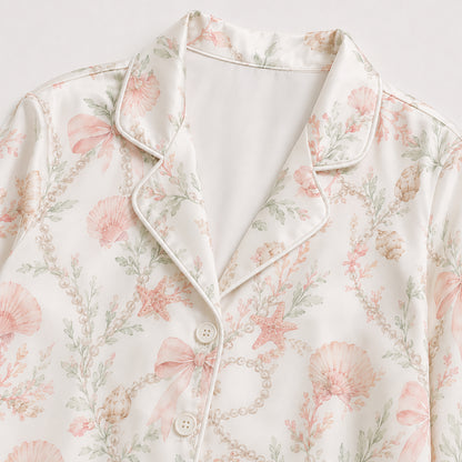 PJ-434-Seashell Coral And Bow Motif Cream Satin Hawaiian Shirt Resort Wear Two Piece Set