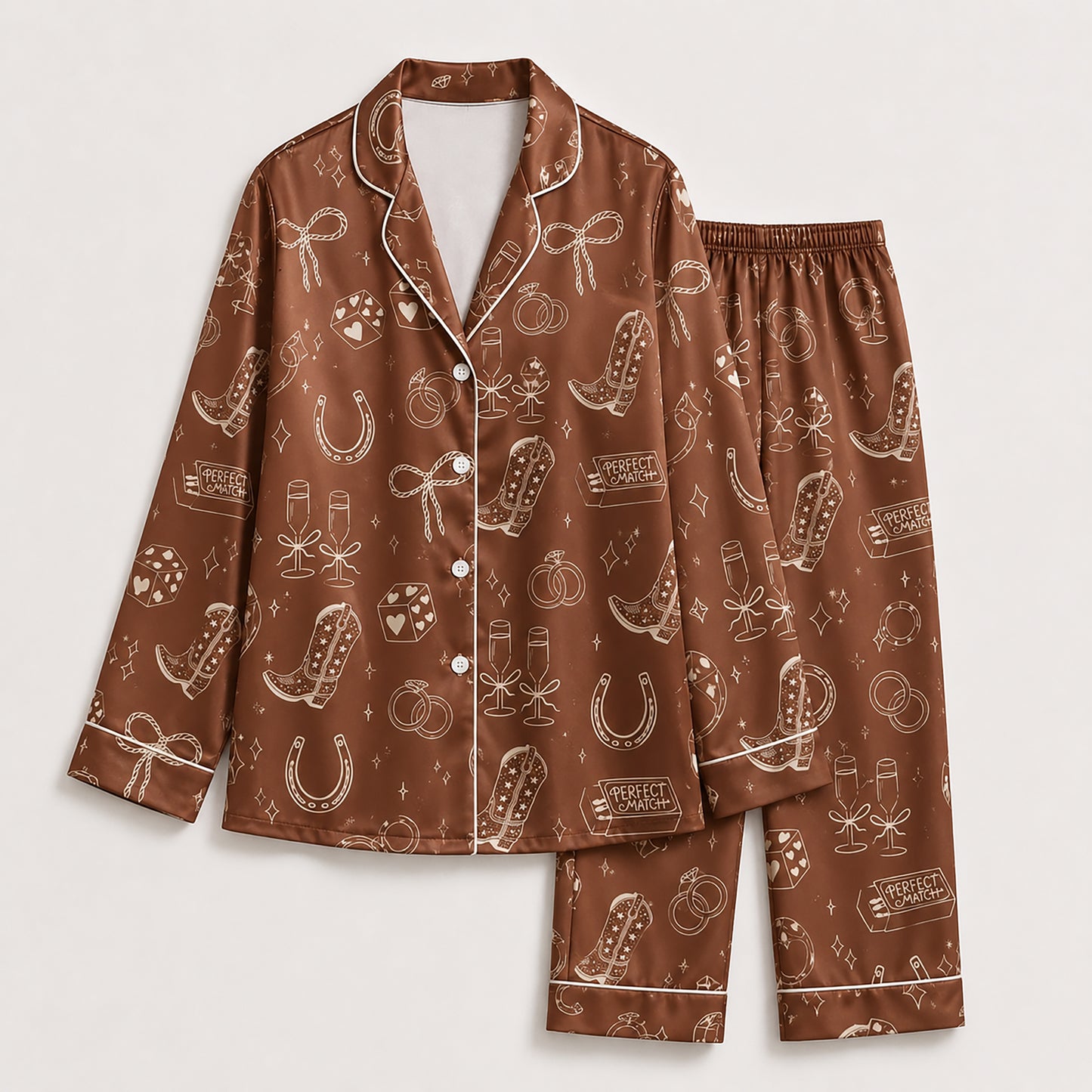 PJ-435-Western Bachelorette Satin Pajamas Cowgirl Boot Dice Bridal Sleepwear Pjs