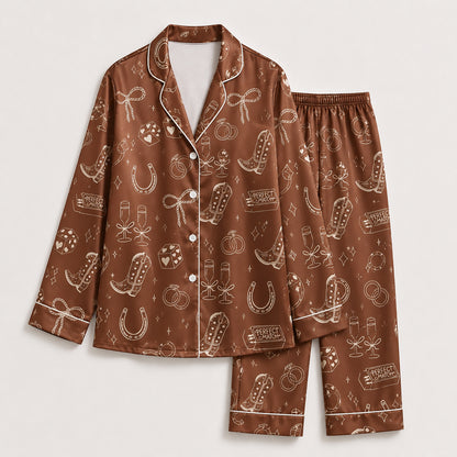 PJ-435-Western Bachelorette Satin Pajamas Cowgirl Boot Dice Bridal Sleepwear Pjs