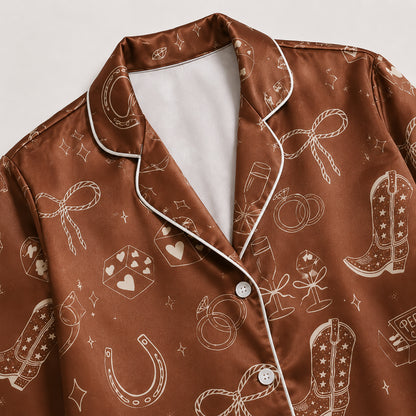 PJ-435-Western Bachelorette Satin Pajamas Cowgirl Boot Dice Bridal Sleepwear Pjs