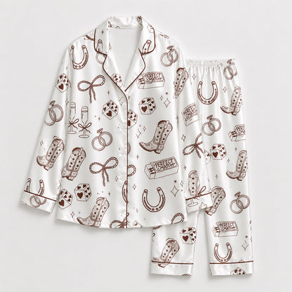 PJ-435-Western Bachelorette Satin Pajamas Cowgirl Boot Dice Bridal Sleepwear Pjs