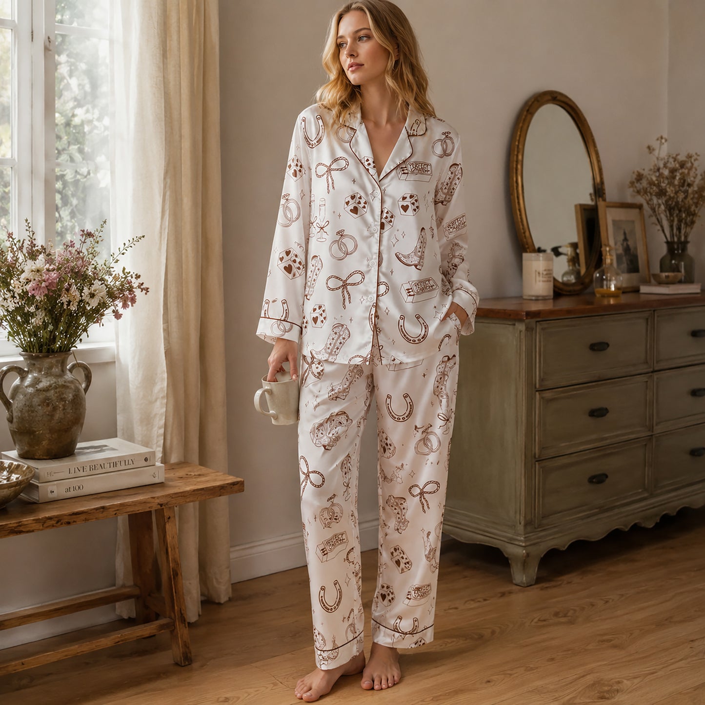 PJ-435-Western Bachelorette Satin Pajamas Cowgirl Boot Dice Bridal Sleepwear Pjs