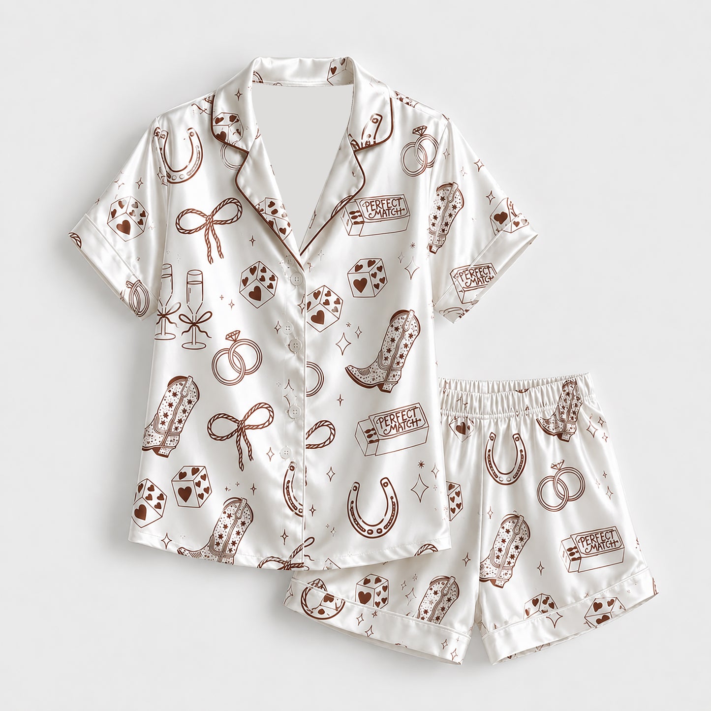 PJ-435-Western Bachelorette Satin Pajamas Cowgirl Boot Dice Bridal Sleepwear Pjs