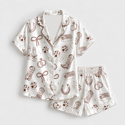 PJ-435-Western Bachelorette Satin Pajamas Cowgirl Boot Dice Bridal Sleepwear Pjs