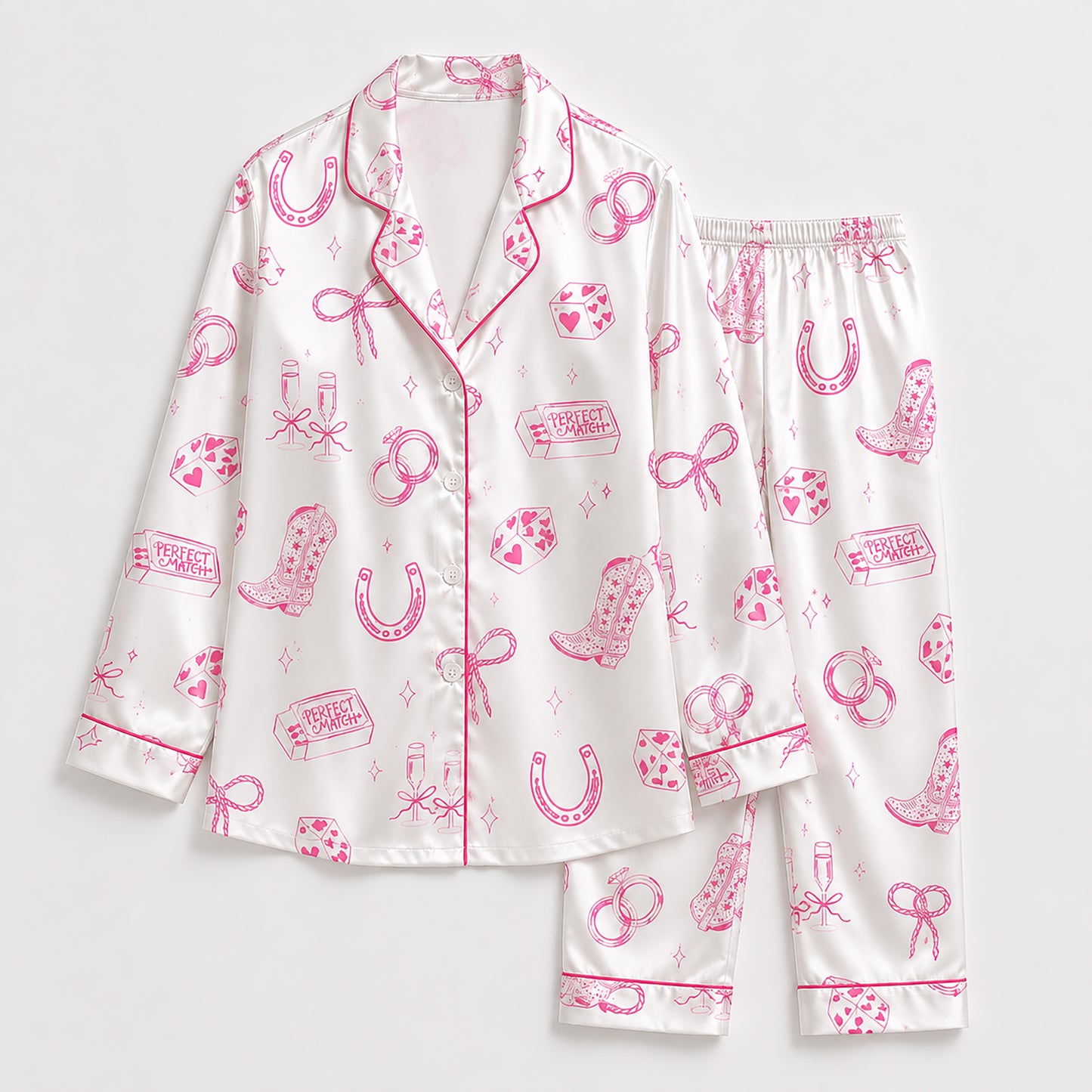PJ-435-Western Bachelorette Satin Pajamas Cowgirl Boot Dice Bridal Sleepwear Pjs
