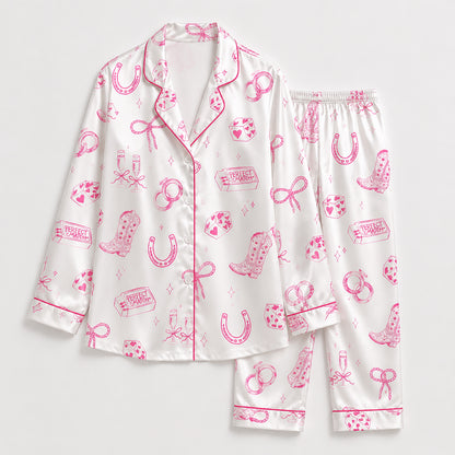 PJ-435-Western Bachelorette Satin Pajamas Cowgirl Boot Dice Bridal Sleepwear Pjs