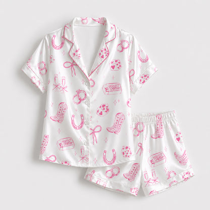 PJ-435-Western Bachelorette Satin Pajamas Cowgirl Boot Dice Bridal Sleepwear Pjs