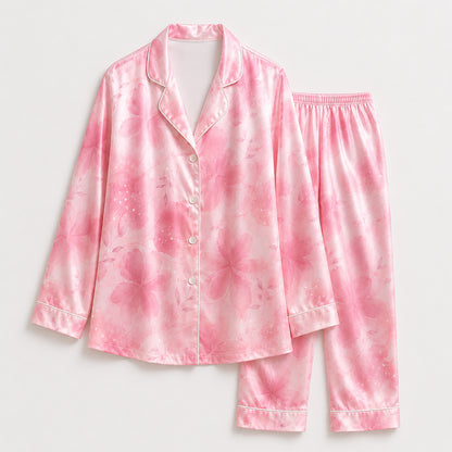 PJ-436-Pink Watercolor Floral Pattern Satin Button Down Sleepwear Bridesmaid Lounge Luxury Women Pajama Set